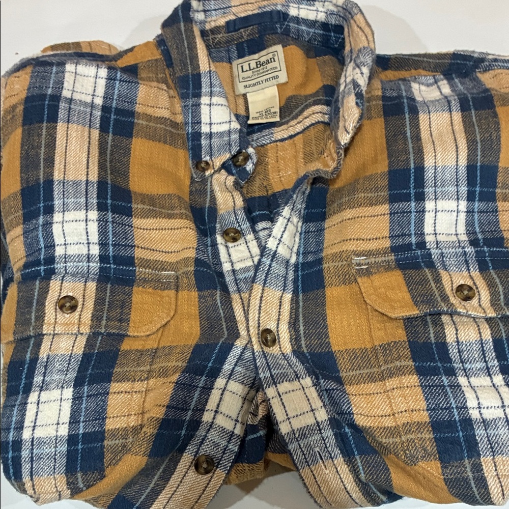 L.L. Bean Men’s Mustard, Navy & White Plaid Button-Down Flannel Shirt